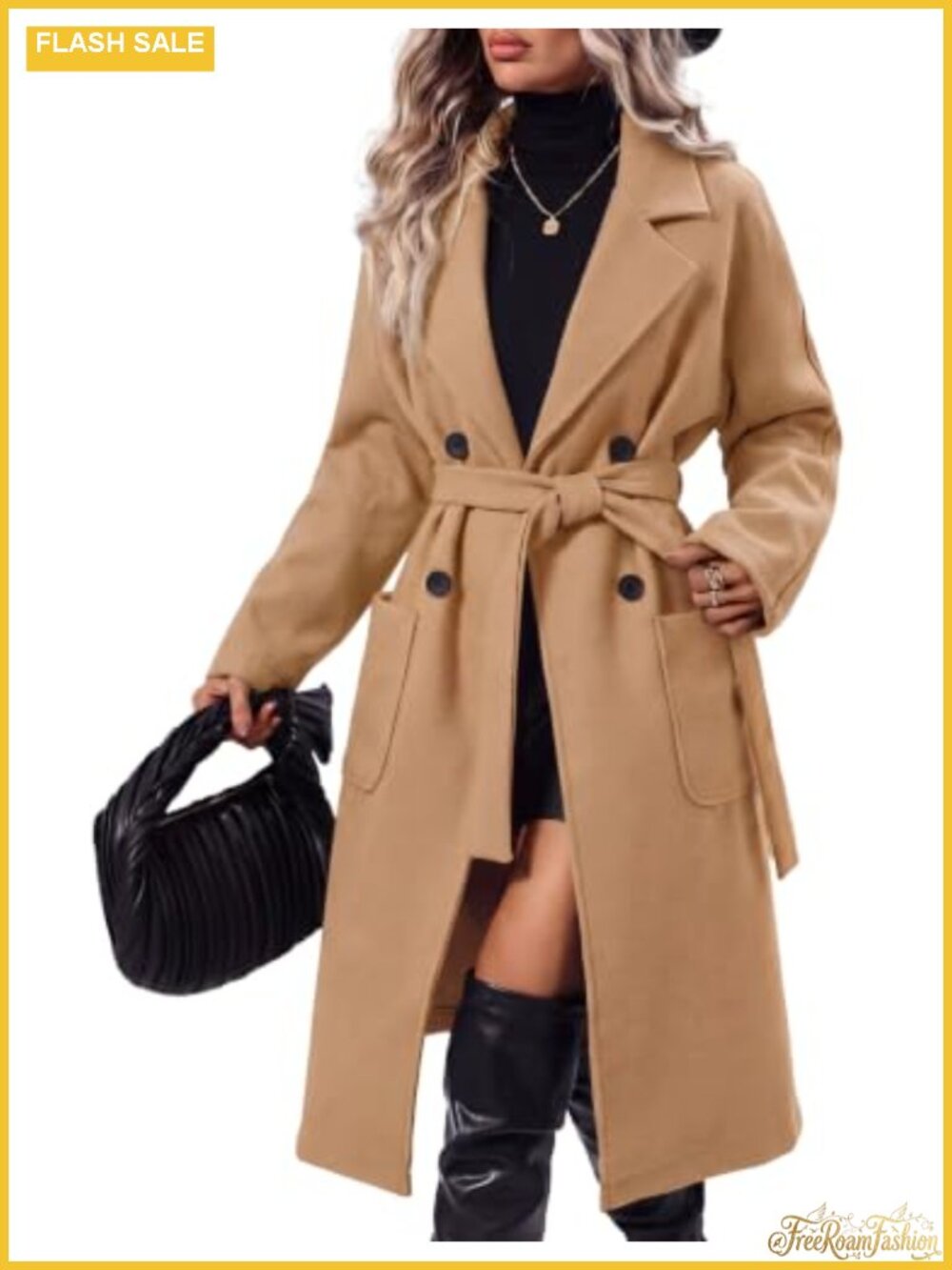 Double Breasted Wool Blend Peacoat Notched Lapel Belted Winter Jacket